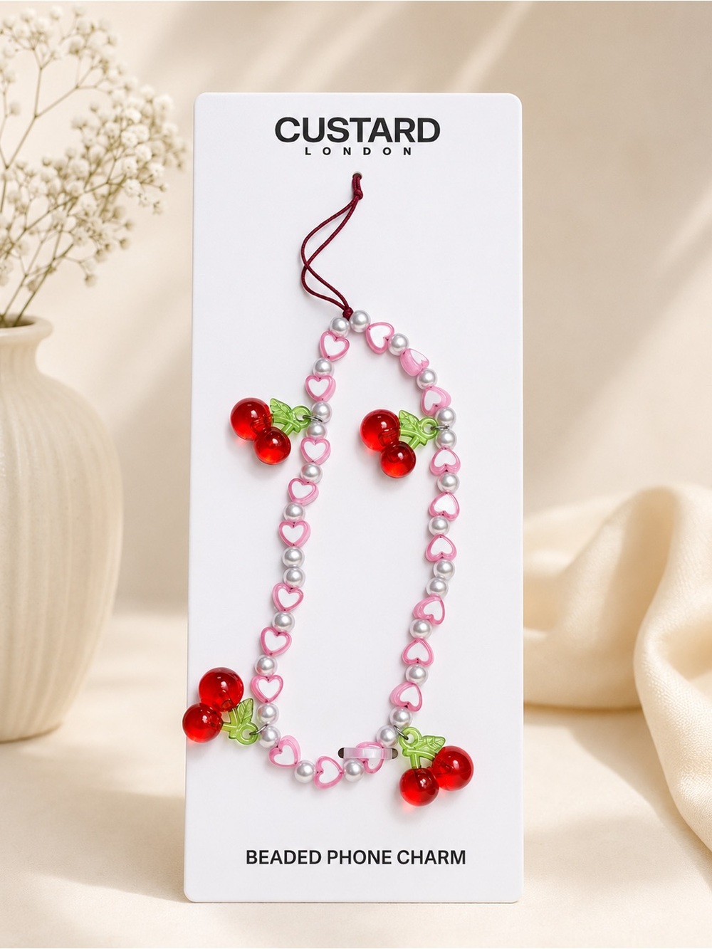 Cherry Heart Beaded Phone Charm Strap Wrist Lanyard Cute Kawaii Pink Red New